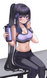 Rule 34 | 1girl, absurdres, bare arms, bare shoulders, black hair, black pants, blue archive, bottle, breasts, cleavage, collarbone, crop top, flower, hair flower, hair ornament, hand up, highres, holding, large breasts, long hair, looking at viewer, midriff, navel, pants, parted lips, ponytail, purple eyes, purple sports bra, seemu (wnslqjdignv ), sidelocks, sitting, sleeveless, solo, sports bra, stomach, sumire (blue archive), sweat, sweatband, taut clothes, very long hair, water bottle, yoga pants