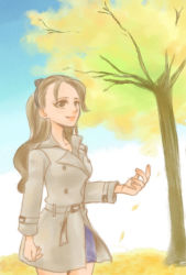 Rule 34 | 1girl, brown eyes, brown hair, coat, female focus, gradient background, hairband, konami, long hair, metal gear (series), metal gear solid 4: guns of the patriots, naomi hunter, naomism, nature, outdoors, plant, sky, solo, tree, trench coat, white background