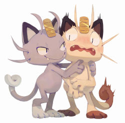 Rule 34 | alolan form, alolan meowth, bluekomadori, blush, cat, closed mouth, commentary, creature, creatures (company), english commentary, fangs, full body, game freak, gen 1 pokemon, highres, hug, meowth, nintendo, no humans, open mouth, pokemon, pokemon (creature), scared, simple background, smile, standing, white background