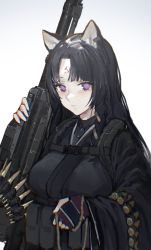 Rule 34 | 12.7x108mm, 1girl, absurdres, ammunition, ammunition belt, animal ears, anti-materiel cartridge, arknights, bad id, bad pixiv id, belt-fed, black hair, black kimono, breasts, bullet, chromatic aberration, closed mouth, commentary, dog ears, dog girl, facial mark, fingerless gloves, forehead mark, full-power cartridge, gloves, gun, hammer and sickle, heavy machine gun, highres, hmg cartridge, holding, holding gun, holding weapon, iuui, japanese clothes, kimono, kord 6p50, kord macine gun, long hair, long sleeves, looking at viewer, machine gun, magnum cartridge, medium breasts, military cartridge, parted bangs, pouch, purple eyes, purple gloves, rifle cartridge, saga (arknights), simple background, solo, supersonic ammunition, symbol-only commentary, upper body, weapon, white background, wide sleeves