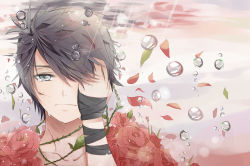 Rule 34 | 1boy, absurdres, androgynous, bandages, black hair, bubble, covering face, flower, grey eyes, highres, injury, liu guniang, male focus, original, petals, rose, scratches, short hair, solo, tears, underwater
