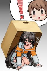 Rule 34 | black hair, box, cardboard box, collared shirt, flat chest, food, goddess of victory: nikke, green eyes, hair intakes, hair ornament, in box, in container, jacket, kamaboko, kneeling, long hair, multicolored jacket, narutomaki, nonotumori, off-shoulder shirt, off shoulder, orange jacket, shirt, shorts, sweat, thigh strap, trony (nikke), two-tone jacket, white jacket, white shirt, white shorts