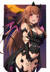 Rule 34 | 1girl, :o, animal ears, arm at side, arm strap, bare shoulders, bat (animal), black collar, black dress, black sleeves, blunt bangs, blush, border, breasts, brown hair, cleavage, collar, covered navel, cowboy shot, crescent moon, demon tail, demon wings, detached collar, detached sleeves, dress, embarrassed, fake animal ears, fang, floating hair, furrowed brow, halloween, halloween costume, hand on own arm, highres, idolmaster, idolmaster million live!, jewelry, lamppost, large breasts, long hair, looking at viewer, moon, multicolored wings, night, open mouth, outside border, pendant, red eyes, sidelocks, sideways glance, solo, straight hair, sweatdrop, tabii, tail, tanaka kotoha, tongue, two-tone wings, wings