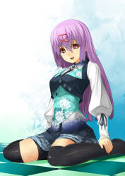 Rule 34 | 1girl, asa no ha (pattern), black thighhighs, brown eyes, checkered floor, cropped vest, floral print, hair ornament, hairclip, juliet sleeves, long hair, long sleeves, looking at viewer, murata taichi, necktie, on floor, open mouth, original, puffy long sleeves, puffy sleeves, purple hair, sitting, solo, thighhighs, vest, wariza