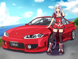 Rule 34 | 1girl, breasts, car, commentary request, komoriuta, long hair, looking at viewer, motor vehicle, nissan, nissan s15 silvia, nissan silvia, nissan silvia s15, original, personification, skirt, smile, solo, vehicle, vehicle focus