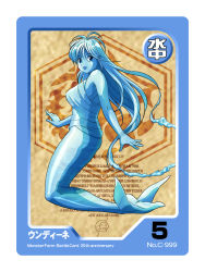 Rule 34 | 1990s (style), 1girl, :d, bare arms, bare shoulders, blue eyes, blue hair, blue skin, breasts, character name, colored skin, ears visible through hair, elemental (creature), full body, hair between eyes, highres, long hair, looking at viewer, medium breasts, mermaid, monster farm, monster girl, open mouth, pipoo, retro artstyle, see-through, smile, solo, undine (monster farm), very long hair