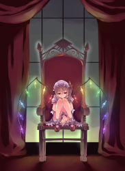 Rule 34 | 1girl, absurdres, bad id, bad pixiv id, blonde hair, chair, covering privates, covering crotch, embodiment of scarlet devil, feet on chair, female focus, flandre scarlet, glowing, highres, hugging own legs, indoors, looking at viewer, mary janes, night, shoes, side ponytail, sitting, smile, solo, sue sgr u, tears, touhou, window, wings