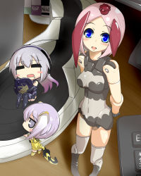 Rule 34 | 10s, 3girls, = =, arms behind back, arnval mk2 tempesta, blue eyes, blue hair, breasts, busou shinki, chibi, commentary request, desk, doll joints, dvd case, earphones, female focus, goma (gomasamune), hairband, highres, joints, juvisy, keyboard (computer), leotard, long hair, looking at viewer, looking back, medium breasts, mini person, minigirl, multiple girls, navel, hugging object, open mouth, partio, pink hair, purple hair, shadow, sitting, skindentation, smile, standing, tail, text focus, thighhighs, translation request