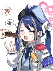 Rule 34 | 1girl, antenna hair, armband, badge, blue archive, blue armband, blue hair, blue headwear, blue necktie, blue vest, blush, bow, closed eyes, collared shirt, doughnut, fami miminmin, food, fubuki (blue archive), grey hair, hair bow, hair ornament, halo, hat, heart, heart hair ornament, highres, holding, holding food, jacket, long sleeves, multicolored hair, necktie, open mouth, parted bangs, pink halo, police, police badge, police hat, police uniform, policewoman, shirt, simple background, solo focus, speech bubble, streaked hair, sweatdrop, twintails, uniform, upper body, vest, white background, white bow, white jacket, white shirt