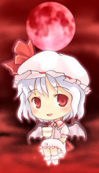 Rule 34 | 1girl, bat wings, blue hair, brooch, chibi, chibi only, cup, dress, female focus, full moon, hat, hat ribbon, jewelry, kito (sorahate), moon, red eyes, red moon, remilia scarlet, ribbon, short hair, solo, teacup, touhou, white hat, wings