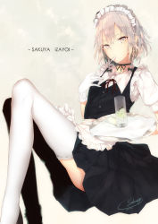Rule 34 | 1girl, apron, artist name, ass, beige background, black choker, black dress, black ribbon, braid, buttons, character name, choker, cup, dated, dress, drinking glass, feet out of frame, frilled apron, frilled gloves, frilled thighhighs, frills, gloves, grey eyes, hand up, highres, holding, holding spoon, holding tray, izayoi sakuya, knees up, looking at viewer, maid, maid apron, maid headdress, napkin, plate, puffy short sleeves, puffy sleeves, red ribbon, ribbon, ribbon choker, sakusyo, shirt, short hair, short sleeves, signature, silver hair, solo, spoon, thighhighs, thighs, touhou, tray, twin braids, waist apron, white apron, white gloves, white shirt, white thighhighs
