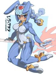 Rule 34 | alternate costume, andorlier, android, armor, blue armor, blue eyes, blue footwear, blush, boots, commentary request, fairy leviathan (mega man), forehead jewel, heart, heart in eye, helmet, high heel boots, high heels, highres, holding, holding polearm, holding weapon, mega man (series), mega man zero (series), navel, polearm, robot girl, symbol in eye, thigh boots, translation request, weapon