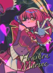 Rule 34 | 1girl, ascot, black choker, black coat, blush, breasts, character name, choker, coat, colored skin, covered navel, cropped jacket, eyepatch, frilled choker, frills, gloves, hair ribbon, hat, highres, hololive, houshou marine, houshou marine (1st costume), jacket, large breasts, leotard, leotard under clothes, licking lips, menma (enaic31), navel, orange eyes, pirate hat, purple skin, red ascot, red coat, red hair, red jacket, red ribbon, red skirt, ribbon, shirt, skirt, sleeveless, sleeveless jacket, solo, tongue, tongue out, twintails, two-sided coat, two-sided fabric, virtual youtuber, white gloves