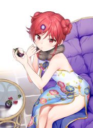 Rule 34 | 1girl, bare arms, bare shoulders, chair, chigusa asuha, china dress, chinese clothes, double bun, dress, floral print, food, fruit, fur collar, gold trim, hair ornament, holding, looking at viewer, print dress, qualidea code, red eyes, red hair, sekiya asami, side slit, sitting, sleeveless, sleeveless dress, solo, white dress