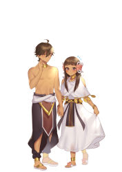 Rule 34 | 1boy, 1girl, ahoge, anklet, bare shoulders, blunt bangs, bracelet, brown hair, coin (ornament), dark-skinned female, dark-skinned male, dark skin, dress, fate/prototype, fate/prototype: fragments of blue and silver, fate (series), finger to cheek, flip-flops, flower, flying sweatdrops, full body, hair between eyes, hair flower, hair ornament, halterneck, imminent hand holding, jewelry, long hair, looking down, necklace, nefertari (fate), omi (tyx77pb r2), ozymandias (fate), pants, purple eyes, sandals, sash, simple background, skirt hold, standing, topless male, white background, white dress