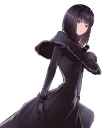 Rule 34 | 1girl, bad id, bad twitter id, black capelet, black coat, black eyes, black gloves, black hair, capelet, coat, dutch angle, fur trim, gloves, harts 02, highres, kuonji alice, looking at viewer, mahou tsukai no yoru, short hair, simple background, solo, standing, white background, winter clothes, winter coat