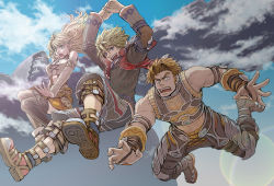 Rule 34 | 1girl, 2boys, beco, blonde hair, blue eyes, boots, brown hair, cloud, day, falling, fiora (xenoblade), green eyes, jewelry, jumping, long hair, mechonis, midriff, multiple boys, necklace, nintendo, open mouth, orange eyes, orange hair, reyn (xenoblade), short hair, shulk (xenoblade), sky, sunlight, teardrop, tears, thighhighs, vest, xenoblade chronicles (series), xenoblade chronicles 1