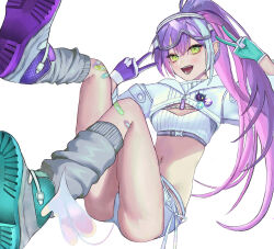 Rule 34 | 1girl, ass, braid, breasts, cleavage, cleavage cutout, clothing cutout, colored inner hair, demon girl, double v, ear piercing, gloves, gluteal fold, goggles, goggles on head, green eyes, highres, hololive, hood, hood down, long hair, looking at viewer, loose socks, medium breasts, midriff, multicolored hair, navel, piercing, pink hair, ponytail, purple hair, quandoo, shirt, shoes, short shorts, shorts, socks, solo, stomach, streaked hair, tail, tail ornament, thighs, tokoyami towa, tokoyami towa (5th costume), v, virtual youtuber, white shirt, white shorts