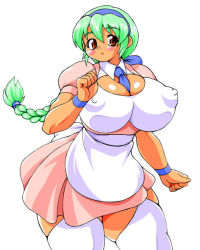 Rule 34 | 1girl, apron, between breasts, braid, breasts, cleavage, covered erect nipples, curvy, female focus, green hair, hair ornament, hair ribbon, hairband, huge breasts, leaning forward, long hair, maruke, necktie, orange eyes, ribbon, simple background, skirt, solo, standing, thighhighs, white background, white thighhighs