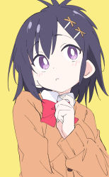 Rule 34 | 1girl, black hair, bow, bowtie, brown cardigan, cardigan, closed mouth, gabriel dropout, hair ornament, ixy, long sleeves, purple eyes, red bow, red bowtie, school uniform, short hair, simple background, solo, upper body, vignette tsukinose april, x hair ornament, yellow background