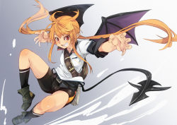 Rule 34 | 1girl, bag, belt, black shorts, blonde hair, blush, boots, clenched teeth, demon girl, demon tail, demon wings, floating hair, fu-ta, full body, grin, highres, kneehighs, long hair, looking at viewer, original, outstretched arm, pointy ears, red eyes, shirt, shorts, shoulder bag, sleeves rolled up, smile, socks, solo, tail, teeth, thighs, twintails, white shirt, white socks, wings