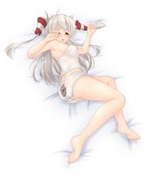Rule 34 | 10s, 1girl, absurdres, amatsukaze (kancolle), ass, barefoot, blush, brown eyes, camisole, full body, hair tubes, highres, kantai collection, legs, looking at viewer, lying, on bed, on side, open mouth, panties, print panties, rensouhou-kun, see-through, shirt, silver hair, solo, underwear, underwear only, utahane, white panties, white shirt