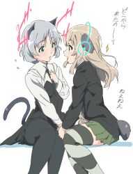 Rule 34 | 2girls, animal ears, bird tail, black pantyhose, blonde hair, blush, breasts, cat ears, cat girl, cat tail, green eyes, grey hair, highres, holding hands, long hair, looking at another, luminous witches, military uniform, miniskirt, multiple girls, open mouth, pantyhose, sanya v. litvyak, short hair, simple background, skirt, small breasts, strike witches, striped clothes, striped thighhighs, tail, thighhighs, umanosuke, uniform, virginia robertson, white background, wing ears, world witches series, yuri