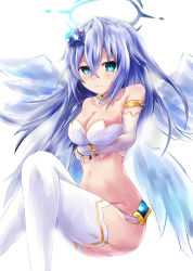 Rule 34 | 1girl, absurdres, angel wings, armlet, bare shoulders, black heart (neptunia), blue eyes, blue hair, blush, breasts, circlet, cleavage, detached collar, elbow gloves, flower, four goddesses online: cyber dimension neptune, garter straps, gloves, hair between eyes, hair flower, hair ornament, halo, highres, long hair, looking at viewer, medium breasts, navel, neptune (series), niche-tan, noire (neptunia), solo, symbol-shaped pupils, thighhighs, white gloves, wings