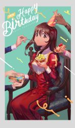 Rule 34 | 2019, 5girls, absurdres, black gloves, border, bread, breasts, brown hair, character name, coquelicot (sakura taisen), corette, erica fontaine, fingerless gloves, food, gift, gloves, glycine bleumer, green background, grey border, happy birthday, hat, highres, holding, holding gift, juliet sleeves, kitaooji hanabi, lobelia carlini, long sleeves, medium breasts, multiple girls, party hat, pasty, puffy sleeves, sakura taisen, sakura taisen iii, solo focus