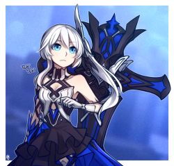 Rule 34 | 1girl, :&lt;, bare shoulders, black dress, blue dress, blue eyes, border, breasts, dress, eyes visible through hair, gloves, hair ornament, honkai (series), honkai impact 3rd, long hair, looking away, multicolored clothes, multicolored dress, outline, side ponytail, small breasts, solo, speckticuls, theresa apocalypse, theresa apocalypse (twilight paladin), white gloves, white hair, white outline