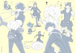 Rule 34 | 1boy, 1girl, animal ears, bandana, boots, cat ears, catsuit, chair, character sheet, cigar, drawing slingshot, gloves, kemonomimi mode, morgana (persona 5), one eye closed, persona, persona 5, persona 5 the royal, pouch, running, scratching, simple background, slingshot (weapon), takamaki anne, twintails, yellow background