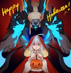 Rule 34 | 1boy, 1girl, ahoge, bandaged head, bandages, blue hair, bucket, cape, claws, cloud ya, cosplay, furry, furry male, gradient background, griseo, griseo (starry impression), hair between eyes, halloween, halloween bucket, happy halloween, highres, holding, holding bucket, honkai (series), honkai impact 3rd, hood, hood up, kosma, little red riding hood, little red riding hood (grimm), little red riding hood (grimm) (cosplay), long hair, long sleeves, open mouth, pumpkin, purple eyes, red background, red cape, red hood, teeth, upper teeth only, werewolf