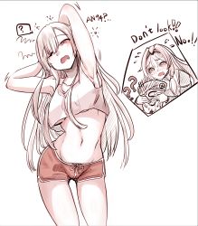 Rule 34 | !, !!, 1boy, 2girls, ?, ??, absurdres, ak-12 (girls&#039; frontline), an-94 (girls&#039; frontline), armpits, arms up, blush, breasts, commentary, covering another&#039;s eyes, crop top, dolphin shorts, english commentary, english text, girls&#039; frontline, hairband, highres, long hair, medium breasts, monochrome, multiple girls, navel, one eye closed, open mouth, peroronti, s-head commander, short shorts, shorts, simple background, sleepy, speech bubble, squeans, sweat, teardrop, underboob, yawning