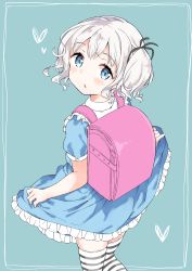 Rule 34 | 1girl, absurdres, backpack, bad id, bad pixiv id, bag, black ribbon, blue background, blue dress, blue eyes, commentary request, dress, frilled dress, frills, from behind, gyuunyuu nomio, hair ribbon, heart, highres, joshi shougakusei hajimemashita, looking at viewer, looking back, nono (joshi shougakusei hajimemashita), parted lips, puffy short sleeves, puffy sleeves, randoseru, ribbon, short sleeves, silver hair, skirt hold, solo, standing, striped clothes, striped thighhighs, thighhighs, twintails