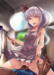 Rule 34 | 1boy, 1girl, apron, calpish, censored, clothed male nude female, cowgirl position, girl on top, heart, heart-shaped pupils, hetero, highres, konpaku youmu, konpaku youmu (ghost), ladle, naked apron, nude, open mouth, penis, saliva, sex, straddling, sweat, symbol-shaped pupils, touhou, vaginal