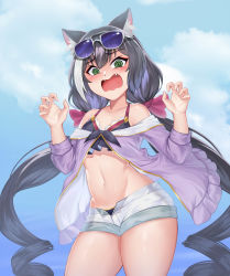 Rule 34 | 1girl, @ @, absurdres, animal ear fluff, animal ears, bare shoulders, bikini, bikini top only, black hair, blue sky, blush, bow, breasts, cat ears, drill hair, embarrassed, eyewear on head, fang, green eyes, hair bow, hands up, highres, karyl (princess connect!), karyl (summer) (princess connect!), looking at viewer, low twintails, midriff, navel, open clothes, open fly, open mouth, princess connect!, short shorts, shorts, sky, small breasts, solo, standing, stomach, swimsuit, thighs, twin drills, twintails, usagi (wem7538), wavy mouth