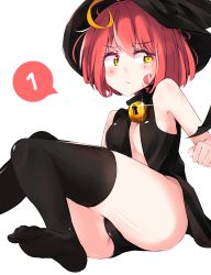 Rule 34 | 1girl, a:n (angrynum), ahoge, ass, bare shoulders, bell, black panties, black thighhighs, blush, breasts, cleavage, dorothy (angry num), hat, highres, lens flare, looking to the side, original, panties, red hair, short hair, sitting, small breasts, solo, thighhighs, underwear, witch, witch hat, yellow eyes