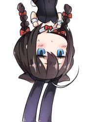 Rule 34 | 1girl, ahoge, alternate costume, alternate hairstyle, animal ears, black hair, blue eyes, bow, bowtie, breasts, chibi, cleavage, detached collar, dyson (edaokunnsaikouya), hair flaps, highres, kantai collection, leotard, looking up, low twintails, medium breasts, outstretched arms, playboy bunny, rabbit ears, rabbit tail, red bow, red bowtie, shigure (kancolle), shigure kai ni (kancolle), simple background, solo, strapless, strapless leotard, tail, twintails, upper body, upside-down, white background, wrist cuffs