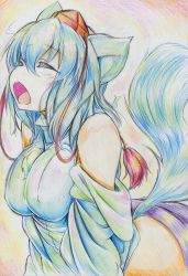 Rule 34 | 1girl, animal ears, bad id, bad pixiv id, bare shoulders, breasts, colored pencil (medium), covered erect nipples, detached sleeves, closed eyes, female focus, hat, highres, inubashiri momiji, kitazinger, large breasts, leaning forward, open mouth, short hair, silver hair, solo, tail, tokin hat, touhou, traditional media, wolf ears, wolf tail, yawning