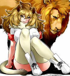 Rule 34 | 10s, 1girl, animal ears, arm support, blonde hair, boots, breasts, fur collar, happa (cloverppd), kemono friends, large breasts, lion, lion (kemono friends), lion ears, lion tail, long hair, looking at viewer, short sleeves, simple background, sitting, skirt, smile, tail, thighhighs, white background, yellow eyes