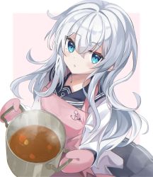 Rule 34 | 1girl, absurdres, anchor symbol, apron, black sailor collar, black skirt, blue eyes, blush, cooking pot, curry, fathom, food, hair between eyes, hibiki (kancolle), highres, holding, holding cooking pot, kantai collection, long hair, looking at viewer, open mouth, oven mitts, pink apron, pleated skirt, sailor collar, school uniform, serafuku, simple background, skirt, solo, standing, white hair