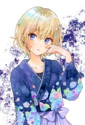 Rule 34 | 1girl, absurdres, blonde hair, blue eyes, blue shirt, commentary, cropped shirt, ear piercing, floral print, hakama, hand up, highres, japanese clothes, multicolored hair, original, parted lips, piercing, print shirt, purple hakama, shirt, short hair, solo, upper body, yuyuharu 1027
