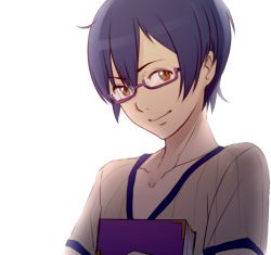 Rule 34 | 1boy, blue hair, book, casual, closed mouth, commentary, fire emblem, fire emblem awakening, glasses, looking at viewer, male focus, morgan (fire emblem), morgan (male) (fire emblem), nintendo, short hair, simple background, smile, solo, tusia, white background