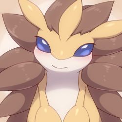 Rule 34 | animal focus, blue eyes, blush, brown fur, brown hair, creature, creatures (company), eyelashes, game freak, gen 1 pokemon, kajinchu, looking at viewer, nintendo, no humans, own hands together, pokemon, pokemon (creature), sandslash, simple background, solo, spiked hair, spikes, upper body, yellow background