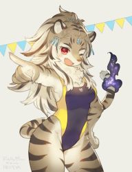 Rule 34 | 1girl, character request, copyright request, furry, furry female, grey hair, long hair, one eye closed, pointing, red eyes, solo, swimsuit, tiger, zhuzi