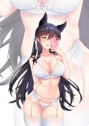 Rule 34 | 1girl, animal ears, artist name, atago (azur lane), azur lane, banglinh1997, bare shoulders, black hair, bra, breasts, cellphone, cleavage, collarbone, commission, contrapposto, cowboy shot, floral print, garter belt, garter straps, hair between eyes, hair ribbon, highres, lace, lace-trimmed bra, lace-trimmed legwear, lace-trimmed panties, lace bra, lace panties, lace trim, large breasts, lips, long hair, looking at viewer, midriff, navel, panties, parted lips, phone, ribbon, skindentation, smartphone, smile, solo, thigh gap, thighhighs, thighs, underwear, underwear only, white bra, white panties, white thighhighs, yellow eyes, zoom layer