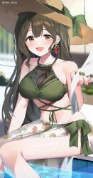 Rule 34 | 1girl, :d, banned artist, bare shoulders, bikini, blurry, blurry background, blush, breasts, brown hair, collarbone, earrings, food, fruit, green bikini, green nails, groin, halterneck, hat, highres, idolmaster, idolmaster shiny colors, jewelry, kuwayama chiyuki, large breasts, long hair, looking at viewer, nail polish, navel, open mouth, partially submerged, poolside, print swimsuit, sake dong, sidelocks, sitting, smile, solo, stomach, straw hat, sun hat, swimsuit, thighs, twitter username, very long hair, water, watermark, wet