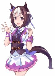 Rule 34 | 1girl, animal ears, bow, brown hair, commentary request, cropped jacket, ear ribbon, highres, horse ears, horse girl, horse tail, minosu, multicolored hair, pleated skirt, purple bow, purple eyes, purple wristband, short hair, short sleeves, simple background, skirt, solo, special week (umamusume), tail, two-tone hair, umamusume, waving, white background, white hair, wristband