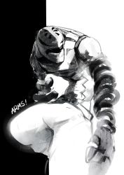Rule 34 | 1boy, @ @, absurdres, arms (game), baggy pants, copyright name, greyscale, helmet, highres, kid cobra, long arms, male focus, monochrome, nintendo, one eye closed, pants, shanty (mattariino), simple background, sitting, slamamander (arms), solo, two-tone background