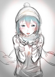 Rule 34 | 10s, 1girl, absurdres, blue eyes, blue hair, blush, breath, breathing on hands, gradient background, highres, jacket, mahou shoujo madoka magica, mahou shoujo madoka magica (anime), matching hair/eyes, miki sayaka, monochrome, pg (pgouwoderen), sketch, solo, sweater, winter, winter clothes